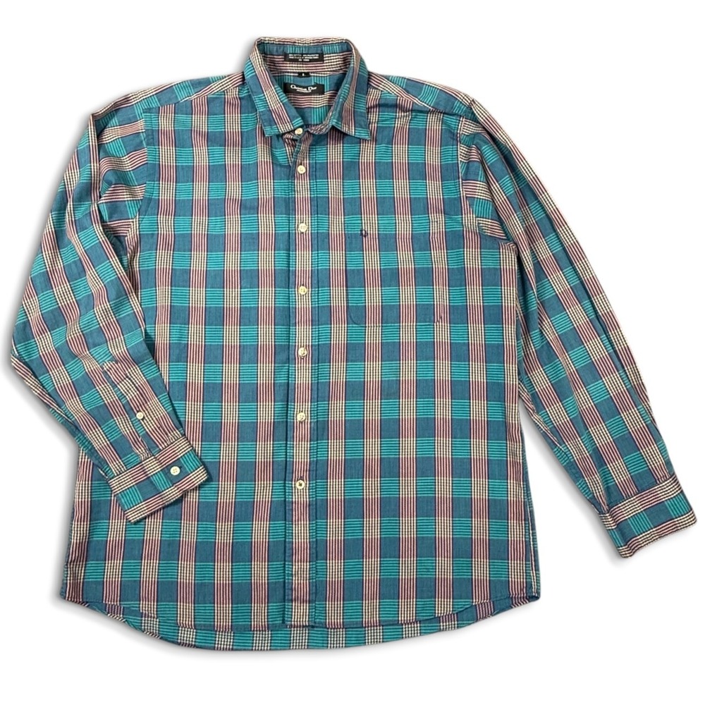 Christian Dior Monsieur Button Up Mens L Teal Plaid Vintage Designer Shirt USA - Picture 1 of 9